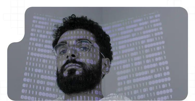 Binary code reflected on a man