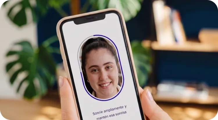 Woman with a digital facial recognition overlay on her face.
