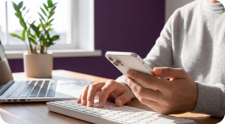A person receiving a push notification on their phone while working on their computer.