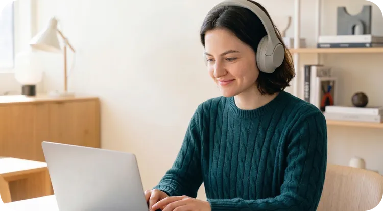 A woman working on a computer with headphones in a home office.