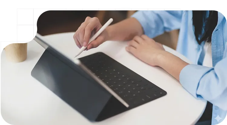 Using a stylus on a tablet with a keyboard to make the precise strokes required for a secure digital signature.