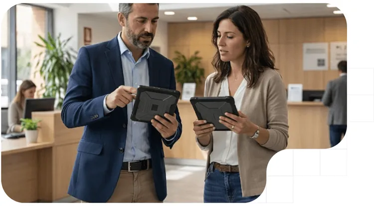 Two people are checking the electronic stamp on their tablets at a city hall office.